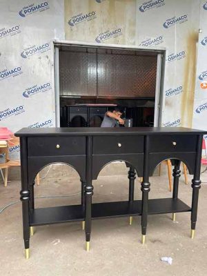 Bàn console gỗ sơn đen 3 ngăn kéo chân mạ đồng