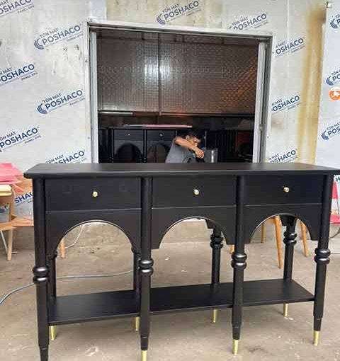 Bàn console gỗ sơn đen 3 ngăn kéo chân mạ đồng